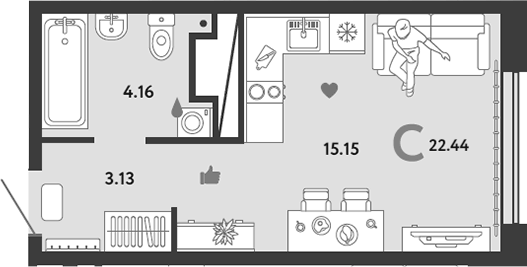 Планировка Студия, 22,44 м² в ЖК Сибирский сад